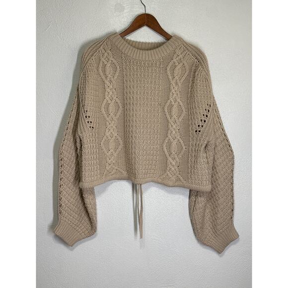 Gianni Bini Oversized Crop Chunky Cable Knit Fishermen Sweater M Cream Designer - Picture 1 of 13